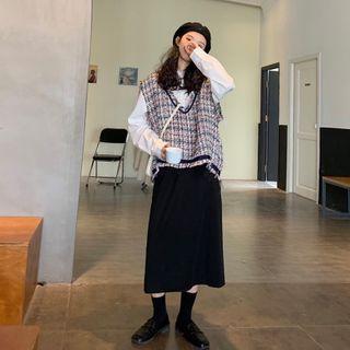 Plain Blouse / Midi Skirt / Plaid Knit Vest