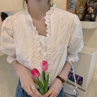 Balloon-sleeve Floral Print Ruffled Blouse As Shown In Figure - One Size
