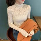 Cut-out High-neck Long-sleeve Lace Top