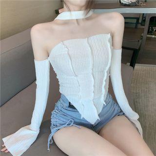 Long Sleeve Off-shoulder Halter Knit Top