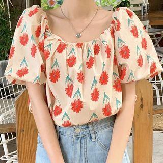 Puff-sleeve Square-neck Floral Printed Top Top - One Size
