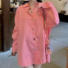 Long-sleeve Plain Loose Fit Shirt Pink - One Size
