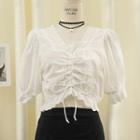 Eyelet Drawstring V-neck Crop Blouse White - One Size