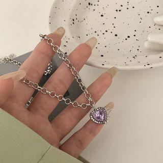 Heart Rhinestone Pendant Alloy Necklace Pink & Silver - One Size