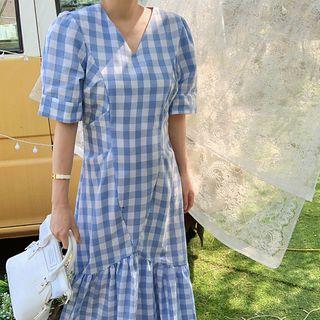 V-neck Frilled-hem Maxi Gingham Dress