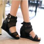 Mesh Peep Toe Buckled Wedge Sandals