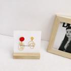 Non-matching Wirework Face Dangle Earring Red Bead - Gold - One Size