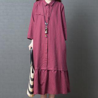 Long-sleeve Ruffle Hem Midi Shirt Dress