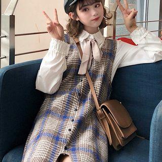 Tie-neck Shirt / Plaid V-neck Pinafore Dress