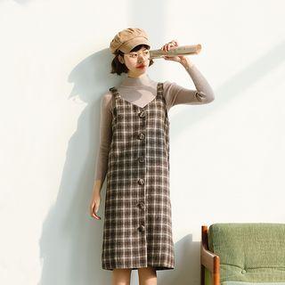 Buttoned Plaid Pinafore Dress