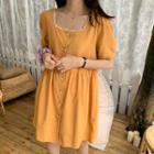 Square-neck Buttoned Short-sleeve Dress Yellow - One Size