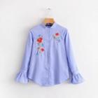 Floral Embroidered Bell-sleeve Open-front Striped Blouse
