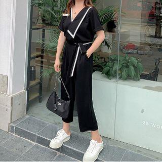 Asymmetrical Short-sleeve Cropped Shirt Jumpsuit