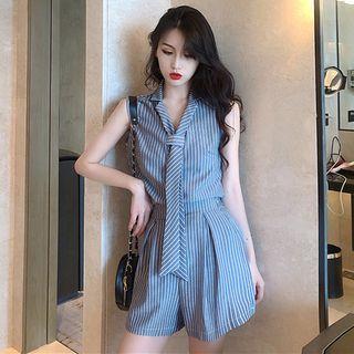 Set: Tie-accent Sleeveless Stripe Top + Stripe Wide-leg Shorts As Shown In Figure - One Size