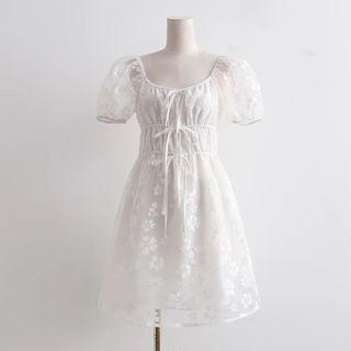 Puff-sleeve Floral Print A-line Organza Dress