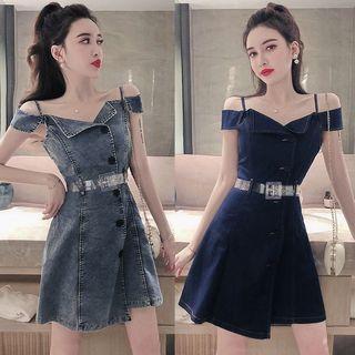 Short-sleeve Cold Shoulder Double Breasted Denim A-line Mini Dress