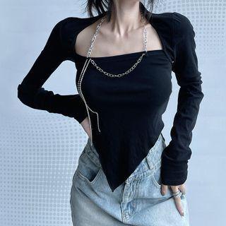 Long-sleeve Square Neck Asymmetrical Hem Chained Open-back T-shirt