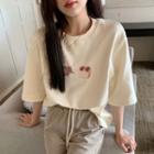 Elbow-sleeve Print T-shirt 6922 - T-shirt - Beige - One Size