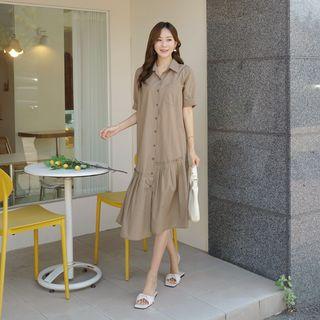 Asymmetric Pleated-hem Long Shirtdress