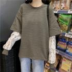 Mock Two-piece Lace Sleeve Striped Top