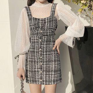 Wide-strap Faux Pearl Button Tweed Dress Black - One Size