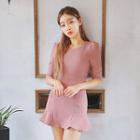 Elbow-sleeve Flared-hem Mini Dress
