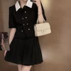 Short-sleeve Fringed Double-breasted Blouse / Mini A-line Skirt