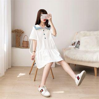 Elbow-sleeve Collared Tiered Mini A-line Dress