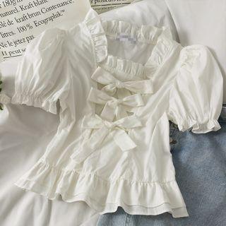 Details Ribbon-accent Ruffled Crop Blouse White - One Size