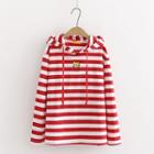 Cat Embroidered Striped Hoodie Red - One Size
