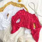 Off-shoulder Ruffled-trim Lace-up Top