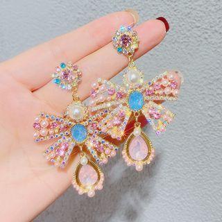 Faux Pearl Rhinestone Bow Dangle Earring 1 Pair - Pink & Blue - One Size