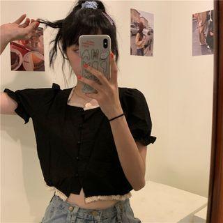 Puff-sleeve Ruffled Blouse Black - One Size