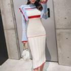 Long-sleeve Color Block Ruffle-trim Midi Knit Dress As Shown In Figure - One Size