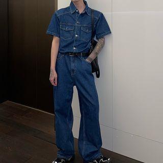 Set: Short-sleeve Denim Shirt + Loose Fit Jeans