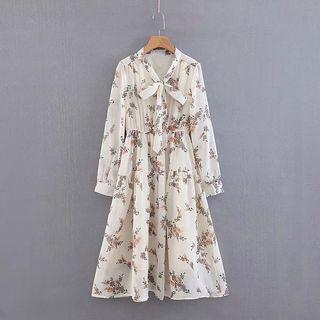 Floral Print Tie-neck A-line Chiffon Dress Beige - One Size