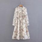 Floral Print Tie-neck A-line Chiffon Dress Beige - One Size