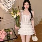 Sleeveless Scoop Neck Eyelet Lace Top / Ruffle Mini Skirt