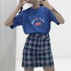 Cherry Print Short-sleeve T-shirt / Plaid A-line Skirt