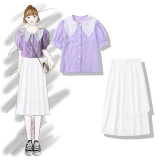 Lace Collar Short-sleeve Blouse / Midi A-line Skirt