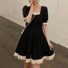 Puff-sleeve Square Neck Eyelet Trim Mini A-line Dress