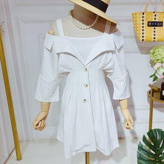 Pinstriped 3/4-sleeve Cold-shoulder A-line Dress