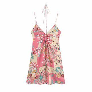 Floral Print Halter Sleeveless Mini Dress