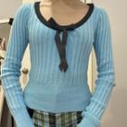 Long Sleeve Contrast-trim Bow-detail Ribbed-knit Top