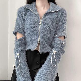 Detachable-sleeve Fluffy Zip-up Cropped Jacket