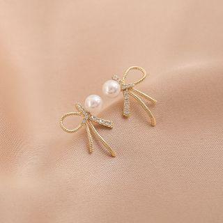 Faux Pearl Rhinestone Ribbon Stud Earring 1 Pair - Gold - One Size