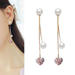 925 Sterling Silver Faux Pearl Rhinestone Heart Dangle Earring White Faux Pearl - Heart - Multicolor - One Size