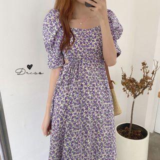 Floral Short-sleeve Square-neck Cutout Midi A-line Dress