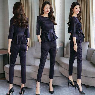 Set:striped 3/4-sleeve Peplum Blouse + Cropped Pants