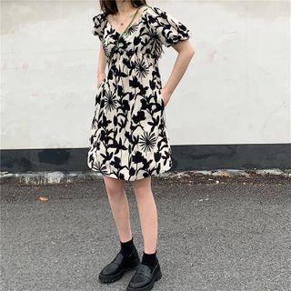 Balloon-sleeve Floral Print A-line Dress Black & White - One Size